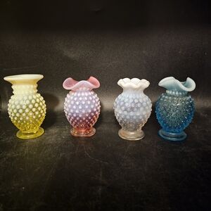 Fenton Hobnail Glass Vases in Yellow, Pink, White, and Blue